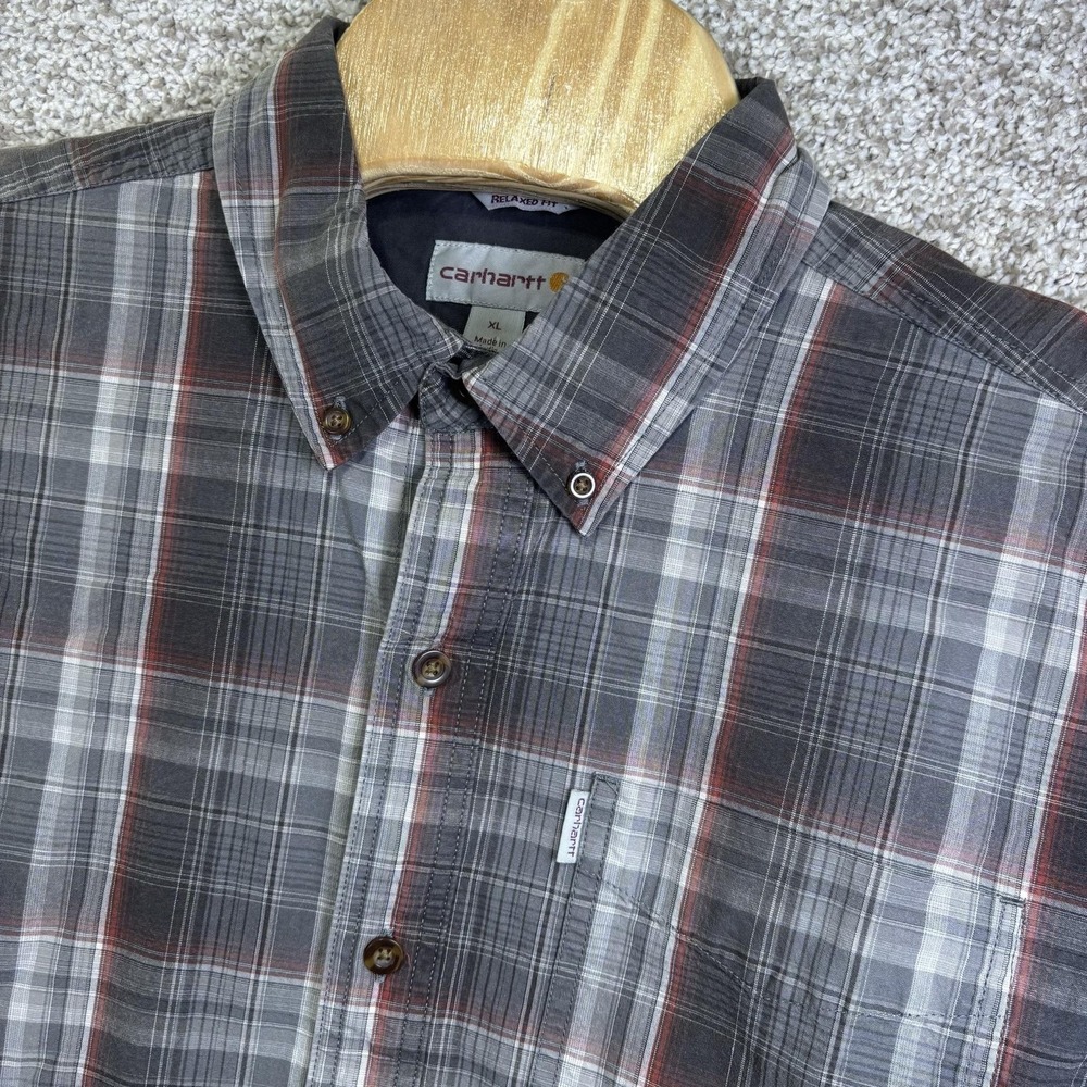 Carhartt Mens XL Gray Plaid Relaxed Fit Long Sleeve Button Down Workwear 100139